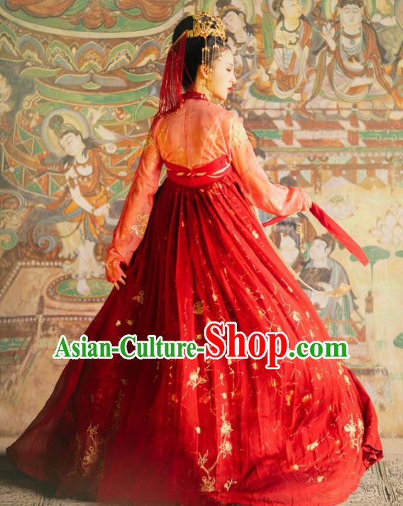 Chinese Traditional Tang Dynasty Wedding Embroidered Historical Costume Ancient Peri Princess Red Hanfu Dress for Women
