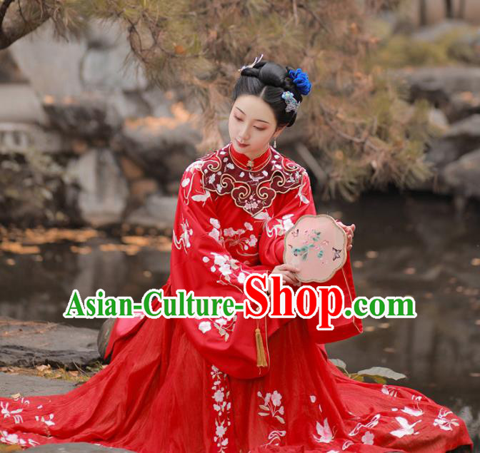 Chinese Traditional Ming Dynasty Wedding Historical Hanfu Dress Ancient Palace Princess Red Embroidered Costume for Women