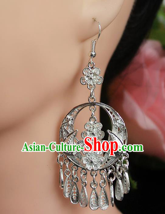 Traditional Chinese Miao Nationality Sliver Ear Accessories Hmong Wedding Tassel Earrings for Women