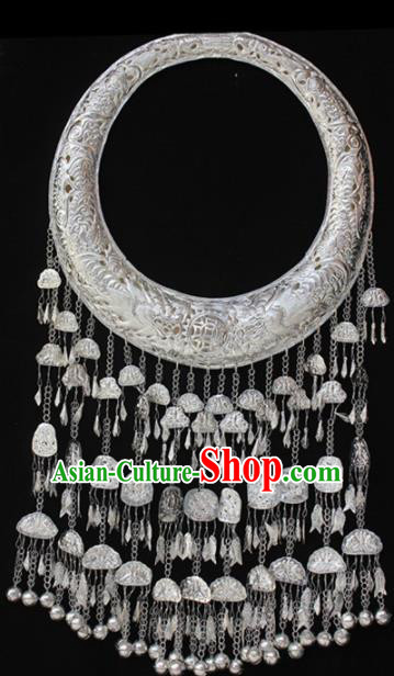 Traditional Chinese Miao Nationality Sliver Carving Accessories Hmong Wedding Bells Tassel Necklace for Women