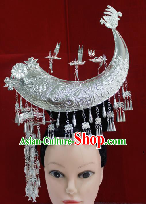 Traditional Chinese Miao Nationality Sliver Hair Accessories Hmong Ethnic Female Horn Hairpins for Women