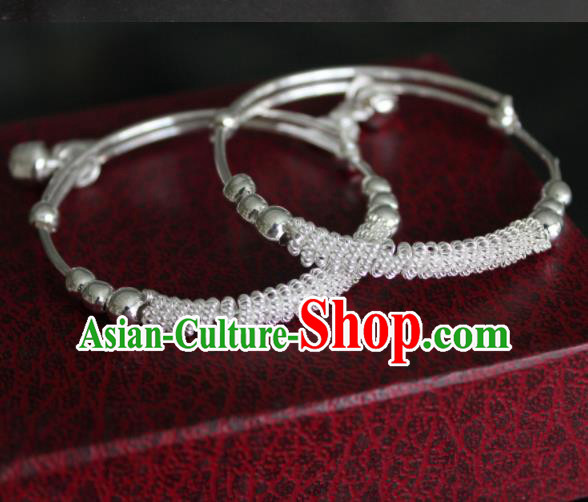 Chinese Traditional Miao Nationality Bracelet Hmong Wedding Sliver Bells Bangle for Women