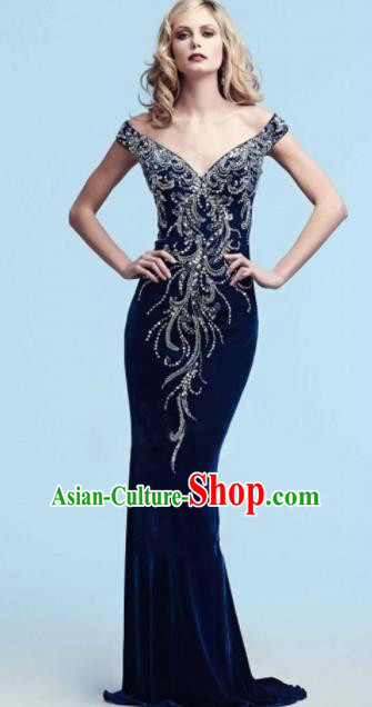 Professional Compere Embroidered Beads Navy Full Dress Modern Dance Princess Wedding Dress for Women