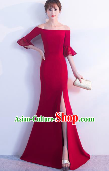 Professional Compere Red Flat Shouders Full Dress Modern Dance Princess Wedding Dress for Women