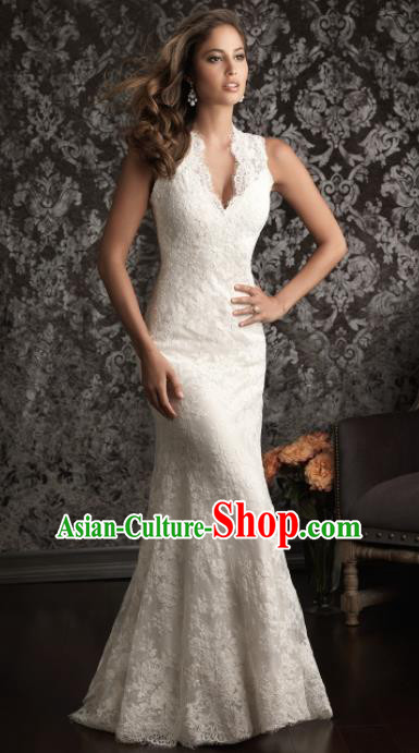 Professional Princess Embroidered White Lace Trailing Wedding Dress Modern Dance Compere Full Dress for Women