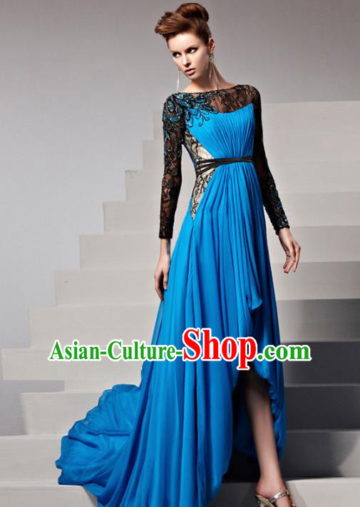 Top Grade Compere Costume Blue Trailing Full Dress Modern Dance Princess Wedding Dress for Women