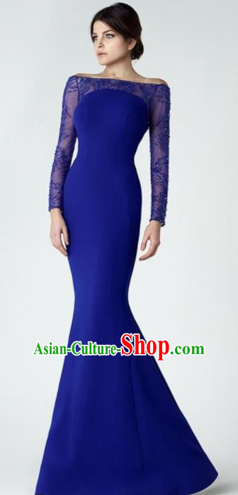Top Grade Compere Costume Deep Blue Full Dress Modern Dance Princess Wedding Dress for Women