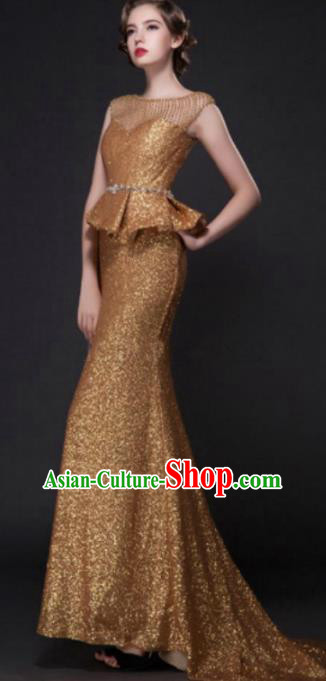 Top Grade Compere Modern Fancywork Costume Golden Trailing Full Dress Princess Wedding Dress for Women