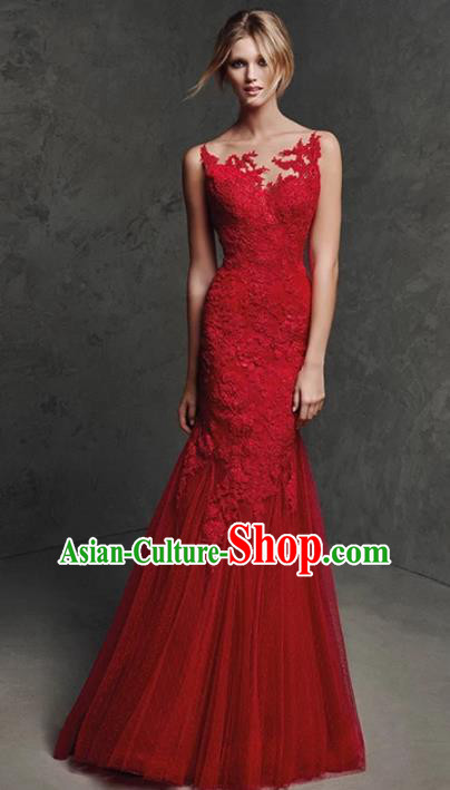Top Grade Red Lace Full Dress Compere Modern Fancywork Costume Princess Wedding Dress for Women