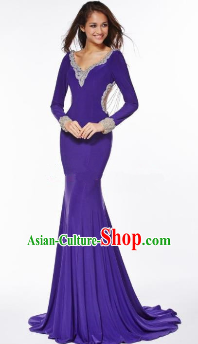 Top Grade Purple Trailing Full Dress Compere Modern Fancywork Costume Princess Wedding Dress for Women