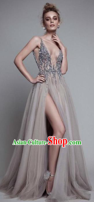 Top Grade Grey Veil Full Dress Compere Modern Fancywork Costume Princess Wedding Dress for Women