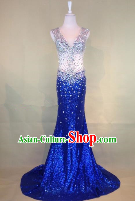 Professional Compere Royalblue Diamante Full Dress Modern Dance Princess Wedding Dress for Women