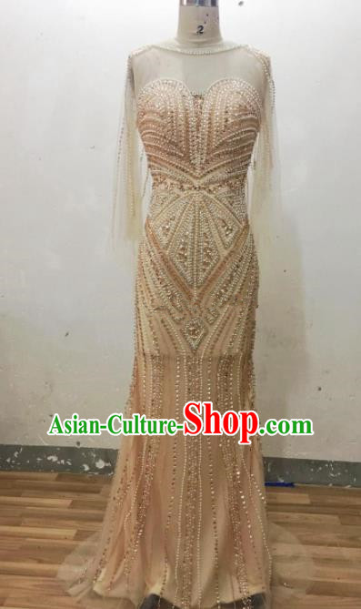 Professional Compere Embroidered Beads Champagne Full Dress Modern Dance Princess Wedding Dress for Women