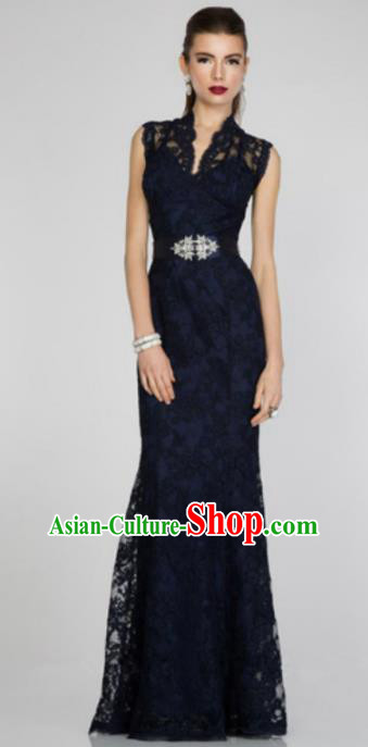 Top Grade Navy Lace Full Dress Compere Modern Fancywork Costume for Women