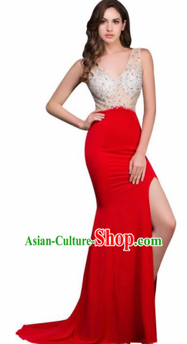 Top Grade Red Evening Dress Compere Modern Fancywork Costume for Women