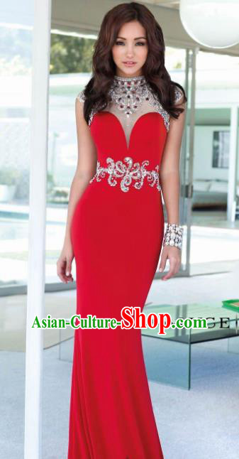 Top Grade Catwalks Red Evening Dress Compere Modern Fancywork Costume for Women