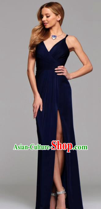 Top Grade Catwalks Navy Satin Evening Dress Compere Modern Fancywork Costume for Women