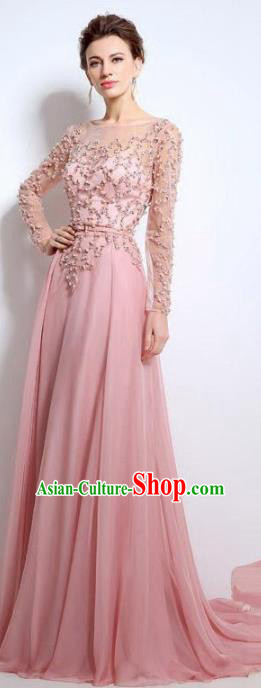 Top Grade Catwalks Pink Embroidered Beads Evening Dress Compere Modern Fancywork Costume for Women