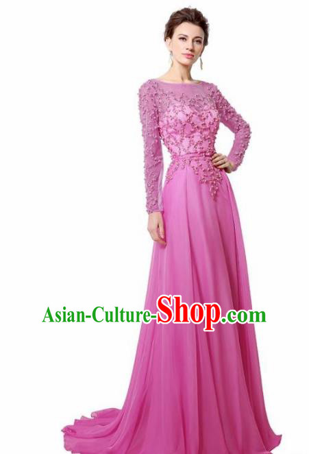 Top Grade Catwalks Rosy Embroidered Beads Evening Dress Compere Modern Fancywork Costume for Women