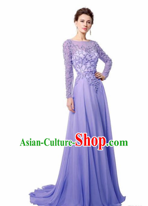 Top Grade Catwalks Purple Embroidered Beads Evening Dress Compere Modern Fancywork Costume for Women