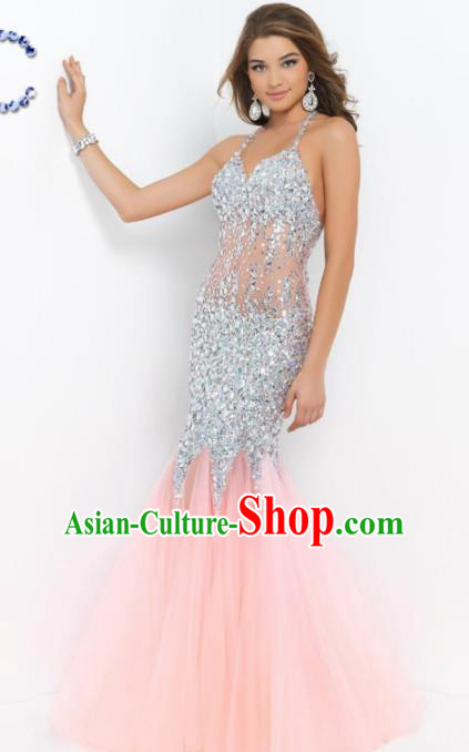 Top Grade Catwalks Pink Veil Fishtail Crystal Evening Dress Compere Modern Fancywork Costume for Women