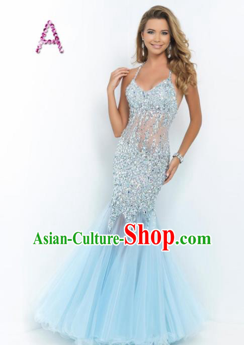 Top Grade Catwalks Blue Veil Fishtail Crystal Evening Dress Compere Modern Fancywork Costume for Women