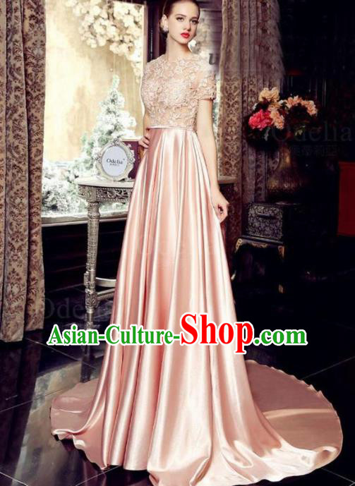 Top Grade Catwalks Pink Embroidered Lace Evening Dress Compere Modern Fancywork Costume for Women