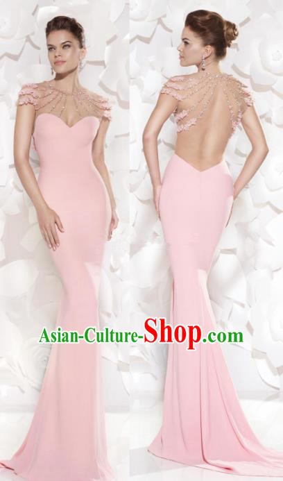 Top Grade Pink Trailing Full Dress Compere Modern Fancywork Costume Princess Wedding Dress for Women