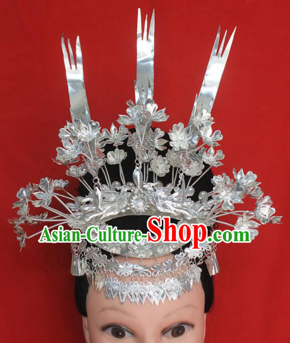 Chinese Traditional Ethnic Wedding Sliver Phoenix Coronet Miao Nationality Bride Hairpins for Women