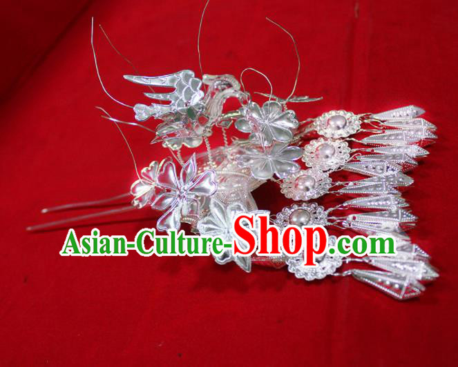 Chinese Traditional Ethnic Princess Sliver Tassel Hair Clip Miao Nationality Bride Hairpins for Women