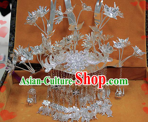 Chinese Traditional Ethnic Miao Nationality Wedding Bride Hairpins Phoenix Coronet for Women