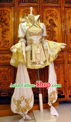 Chinese Traditional Cosplay Princess Costume Ancient Peri Swordswoman Golden Dress for Women