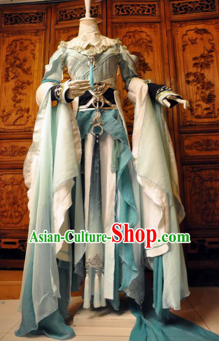 Chinese Traditional Cosplay Princess Costume Ancient Peri Swordswoman Blue Dress for Women