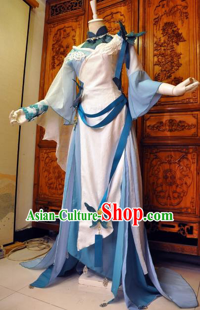 Chinese Traditional Cosplay Female Knight Princess Costume Ancient Peri Swordswoman Blue Dress for Women