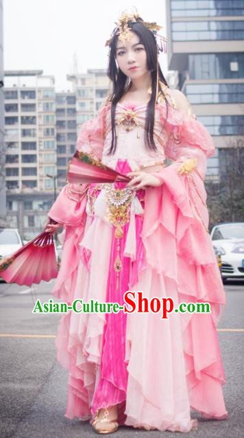 Chinese Traditional Cosplay Peri Princess Costume Ancient Swordswoman Pink Dress for Women