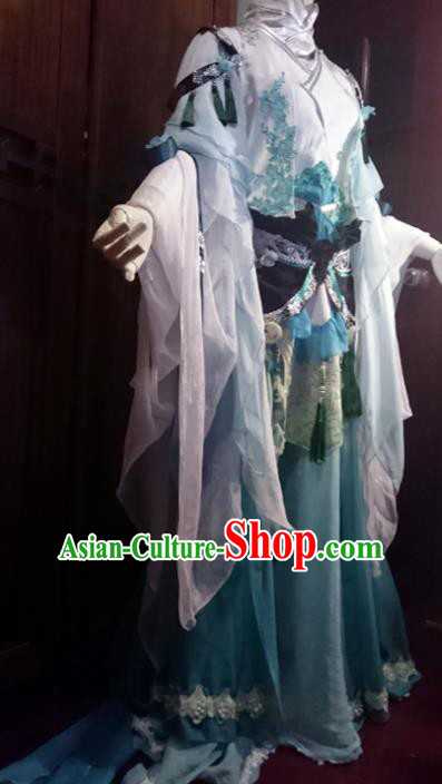 Chinese Traditional Cosplay Princess Costume Ancient Peri Swordswoman Blue Dress for Women