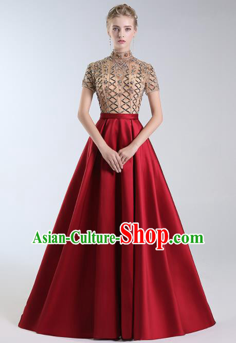 Professional Compere Costume Top Grade Wine Red Full Dress Modern Dance Clothing for Women