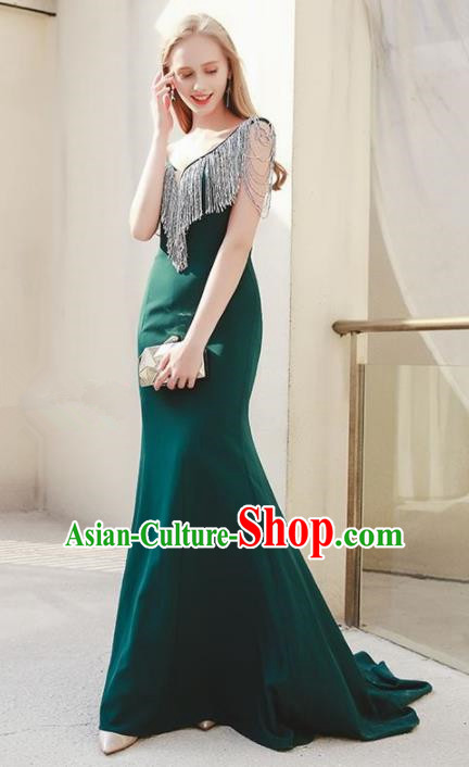 Professional Compere Green Trailing Full Dress Top Grade Modern Dance Stage Performance Costume for Women