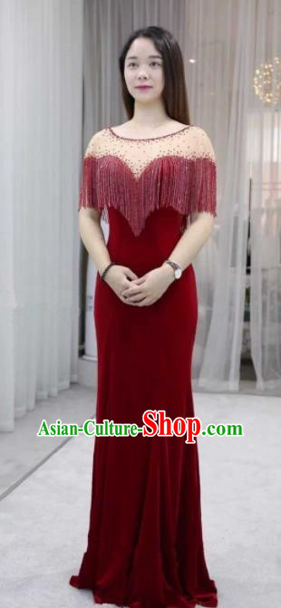 Professional Compere Wine Red Tassel Full Dress Top Grade Modern Dance Costume Princess Wedding Dress for Women