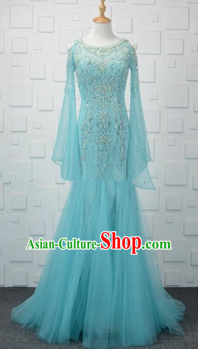 Professional Compere Blue Veil Fishtail Full Dress Top Grade Modern Dance Costume Princess Wedding Dress for Women