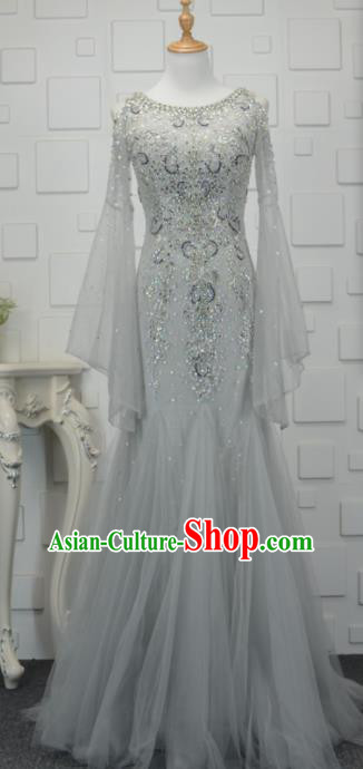 Professional Compere Grey Veil Fishtail Full Dress Top Grade Modern Dance Costume Princess Wedding Dress for Women