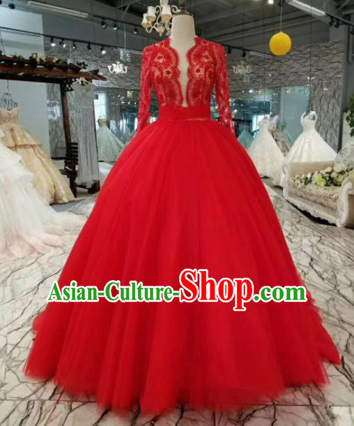 Professional Compere Costume Red Veil Full Dress Top Grade Modern Dance Princess Wedding Dress for Women