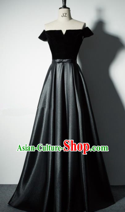 Professional Compere Costume Flat Shouders Black Full Dress Modern Dance Princess Wedding Dress for Women