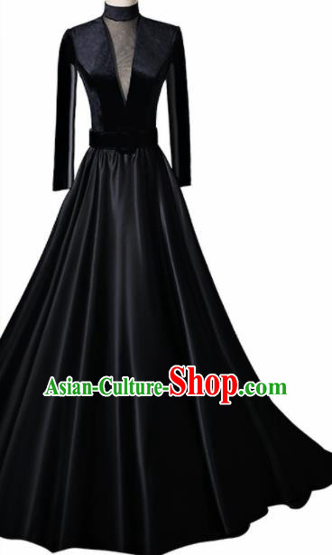 Professional Compere Costume Black Trailing Full Dress Modern Dance Princess Wedding Costume for Women