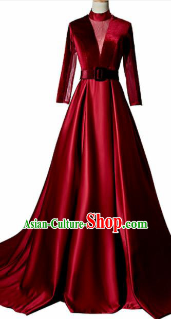 Professional Compere Costume Wine Red Trailing Full Dress Modern Dance Princess Wedding Dress for Women