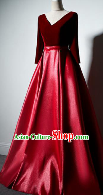 Professional Compere Costume Red Velvet Full Dress Modern Dance Princess Wedding Dress for Women