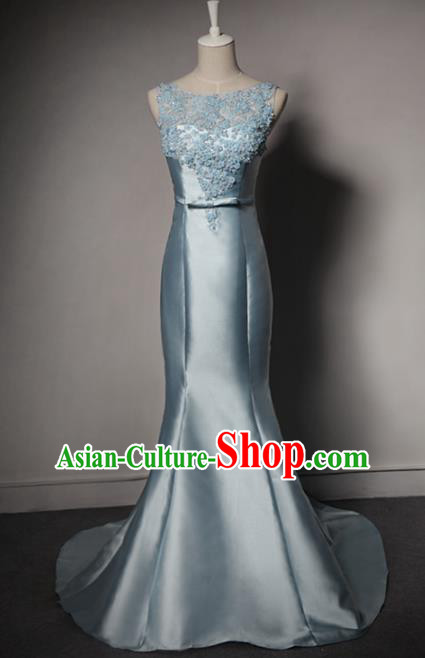 Top Grade Catwalks Blue Satin Evening Dress Compere Modern Fancywork Costume for Women