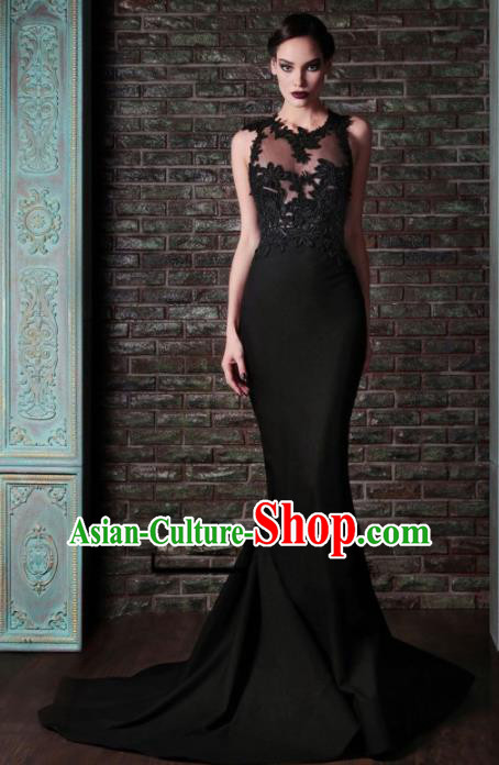 Top Grade Catwalks Black Trailing Evening Dress Compere Modern Fancywork Costume for Women