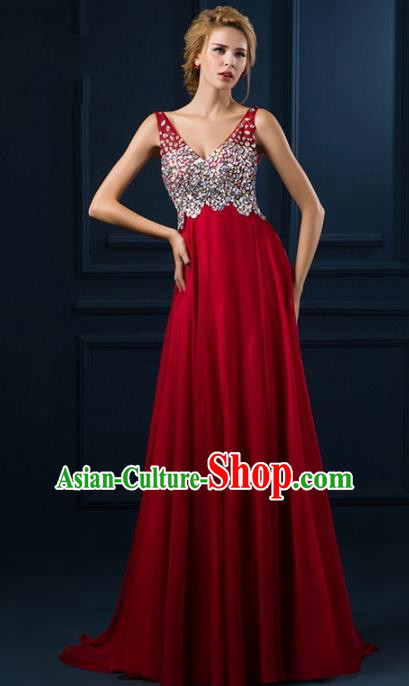 Top Grade Catwalks Diamante Red Evening Dress Compere Modern Fancywork Costume for Women