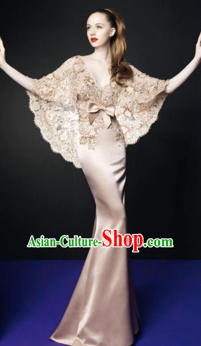 Top Grade Catwalks Champagne Lace Evening Dress Compere Modern Fancywork Costume for Women